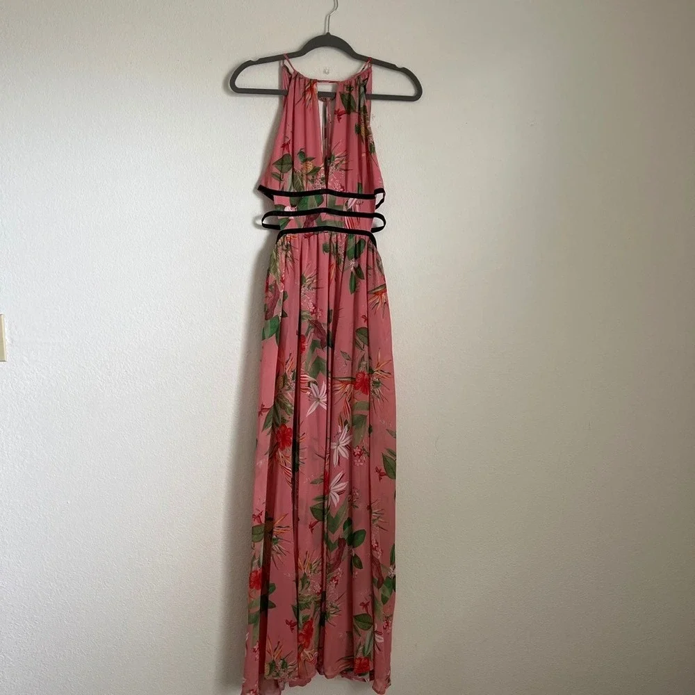Express‎ Pink Tropical Floral Cutout Halter Maxi Dress Boho Resort Size M Flowy! - Picture 3 of 8